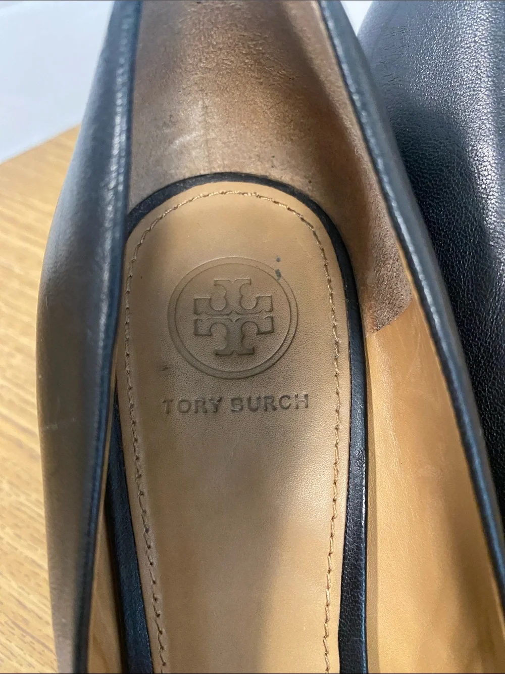 Tory Burch Black Leather Peep-Toe Heels with Gold Logo Medallion